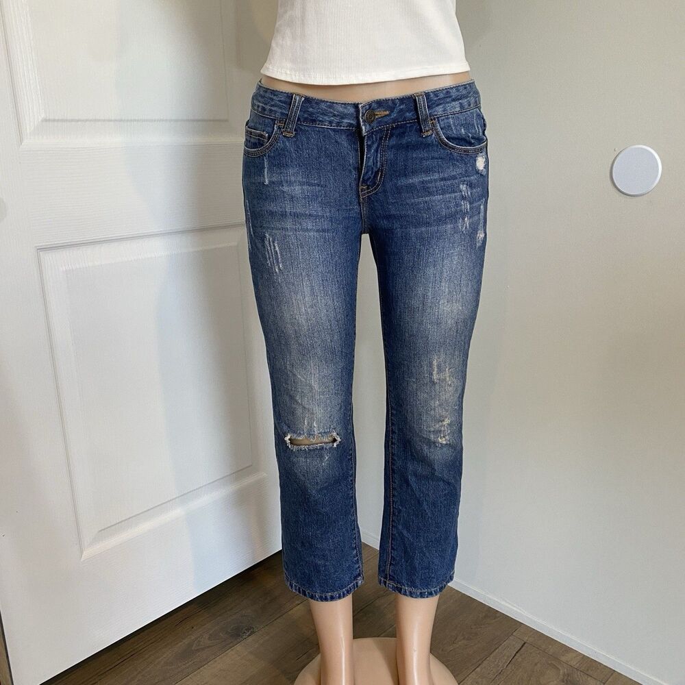 XXI womens jeans sz 27 straight leg ankle medium blue distressed grunge boho